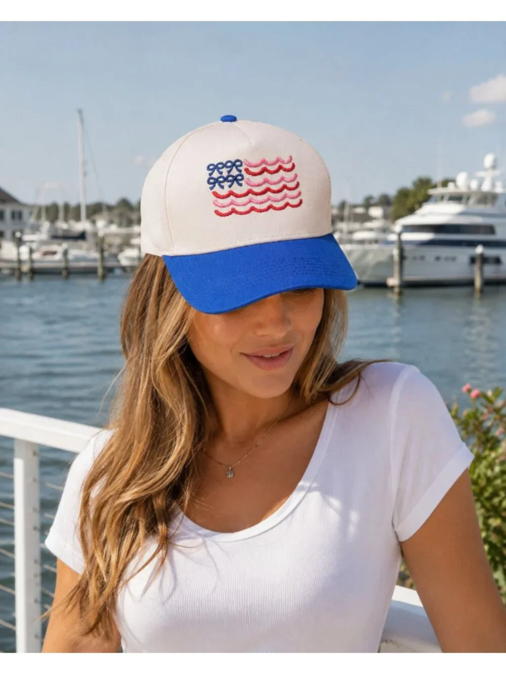 The Preppy Patriot Trucker Hat Snapback Women's O/S Scallop & Bows American Flag